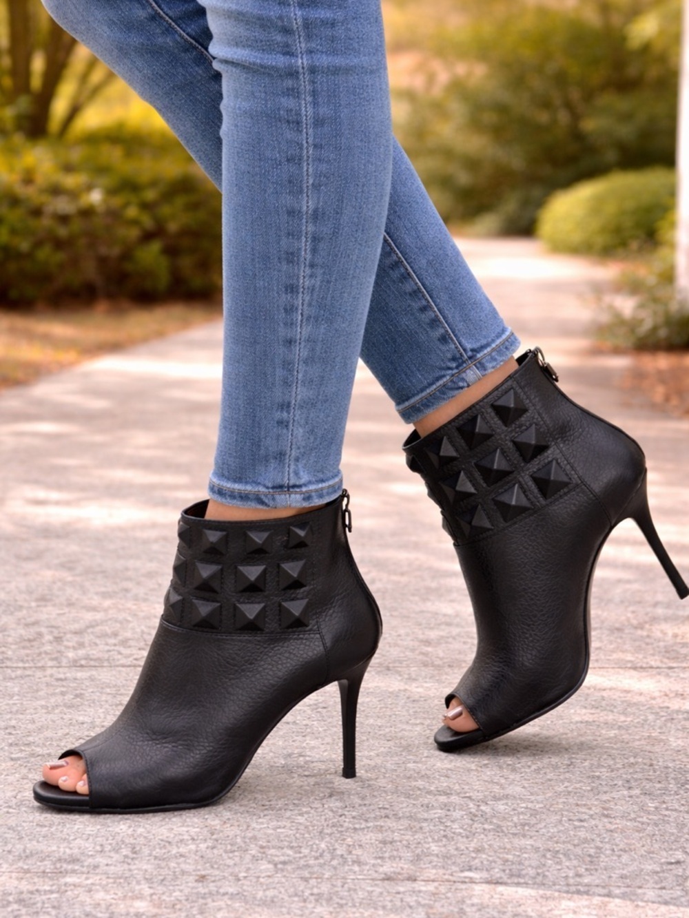 Philipp Plein Black Peep-Toe Studded Leather Ankle Boots